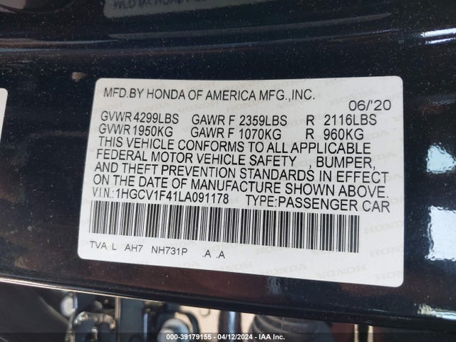 Honda ACCORD EX 2020 1HGCV1F41LA091178 Image 9