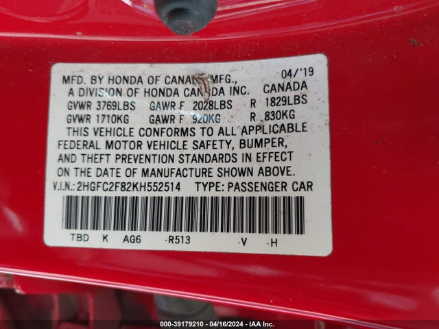 Honda Civic Sport 2019 2HGFC2F82KH552514 Image 9