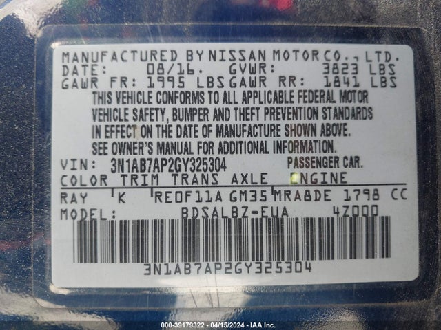 Nissan SENTRA S 2016 3N1AB7AP2GY325304 Image 9