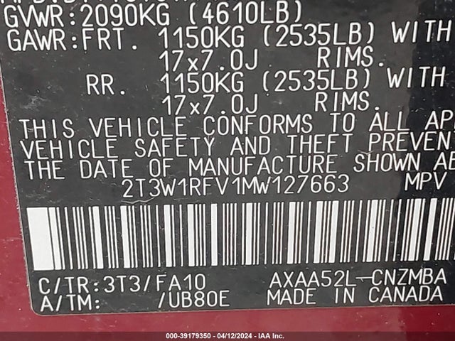 2021 Toyota Rav4 Xle მანქანა იყიდება აუქციონზე, vin: 2T3W1RFV1MW127663, აუქციონის ნომერი: 39179350