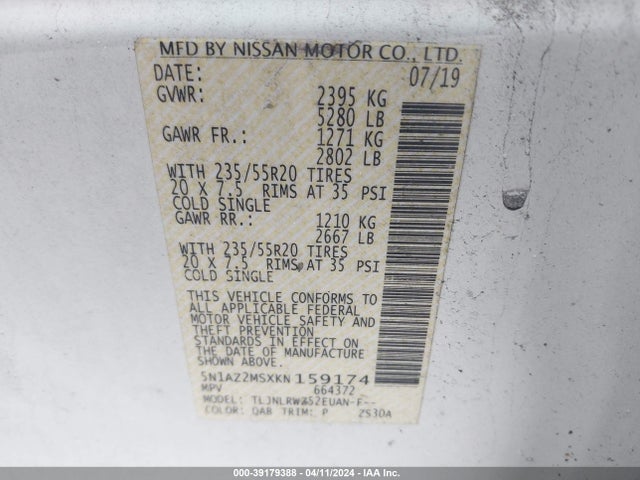 Nissan MURANO SL 2019 5N1AZ2MSXKN159174 Image 9