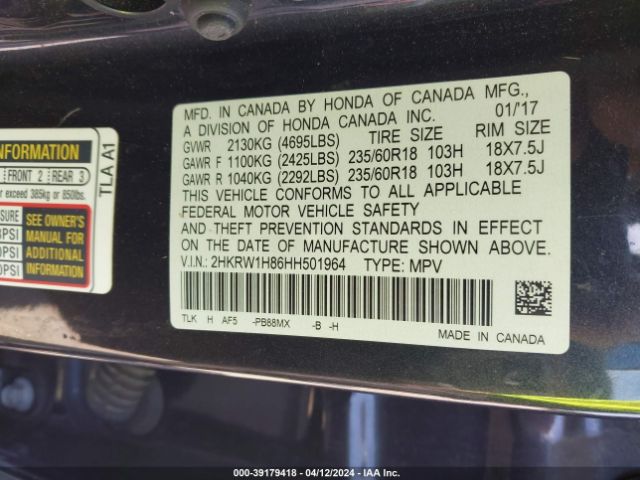 2HKRW1H86HH501964 Honda Cr-v Ex-l/ex-l Navi