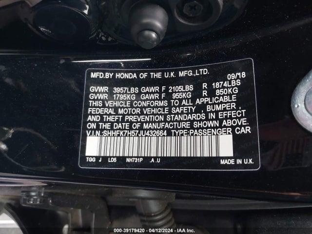 Honda CIVIC EX 2018 SHHFK7H57JU432664 Image 9
