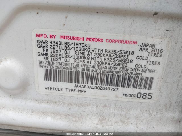 JA4AP3AU0GZ040727 Mitsubishi Outlander Sport 2.0 Es