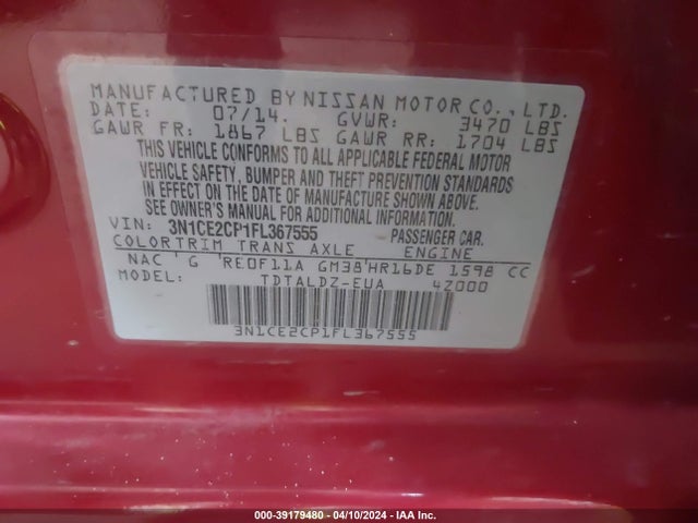 Nissan Versa Note S (sr)/s Plus/sl/sr/sv 2015 3N1CE2CP1FL367555 Image 9