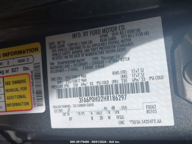Ford FUSION SE 2017 3FA6P0HD2HR186297 Image 9
