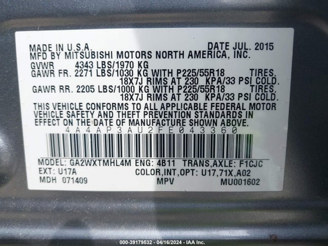4A4AP3AU2FE043360 Mitsubishi Outlander Sport Es