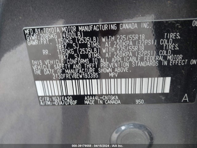 Toyota Rav4 Limited 2014 2T3DFREV8EW193395 Image 9