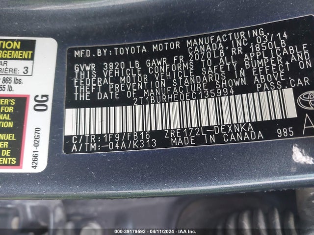 Toyota COROLLA LE 2014 2T1BURHE0EC135994 Image 9