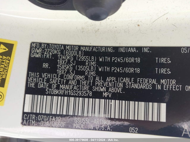 Toyota Highlander Le Plus V6 2016 5TDBKRFH1GS293578 Image 9