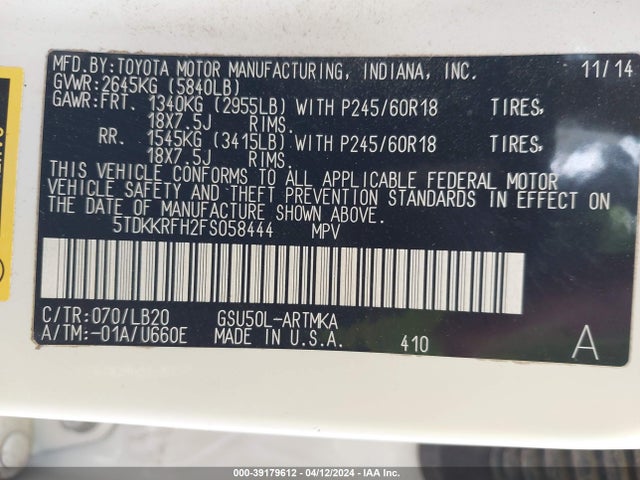 Toyota Highlander Xle V6 2015 5TDKKRFH2FS058444 Image 9