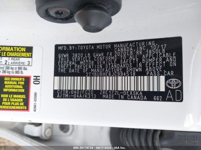 Toyota COROLLA SE 2018 2T1BURHE8JC994518 Image 9