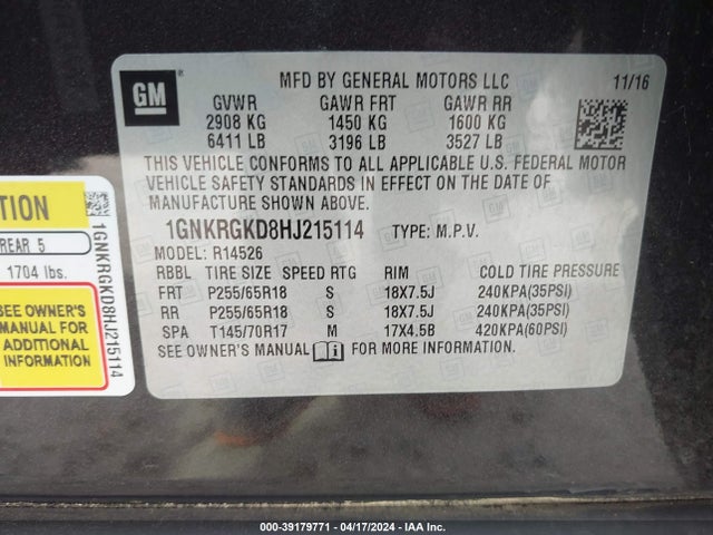 Chevrolet Traverse 1lt 2017 1GNKRGKD8HJ215114 Image 9