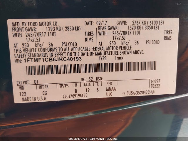 Ford F-150 Xl 2018 1FTMF1CB6JKC40193 Image 9