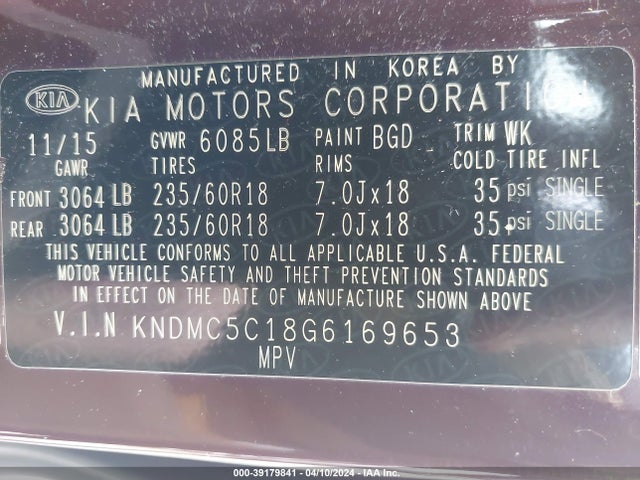KIA SEDONA EX 2016 KNDMC5C18G6169653 Image 9