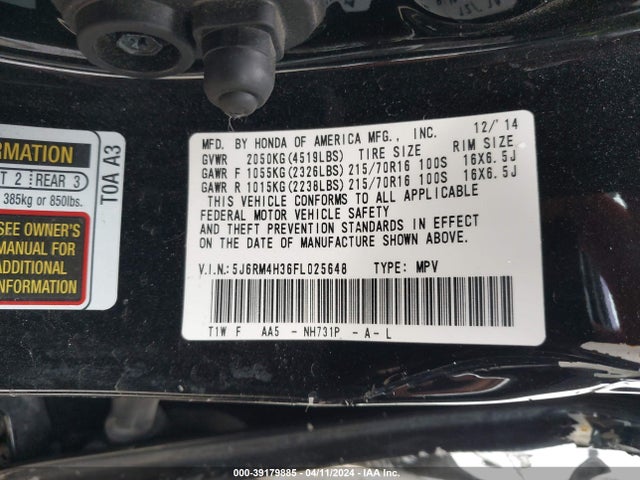 Honda CR-V LX 2015 5J6RM4H36FL025648 Image 9