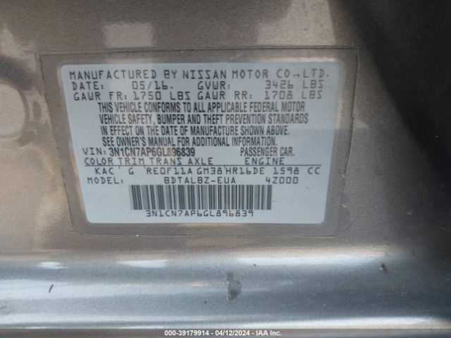 3N1CN7AP6GL896839 Nissan Versa 1.6 S/1.6 S+/1.6 Sl/1.6 Sv