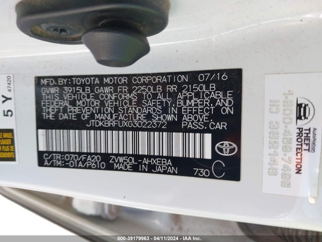 Toyota Prius Two 2016 JTDKBRFUXG3022372 Image 9