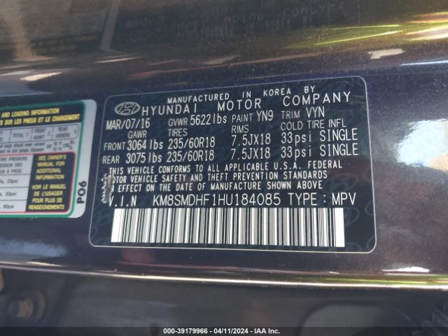 KM8SMDHF1HU184085 Hyundai Santa Fe Se