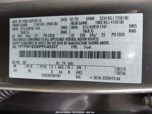 1FTFW1ED6PFC45337 Ford F-150 Xlt