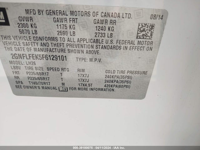 Chevrolet EQUINOX LT 2015 2GNFLFEK5F6129101 Image 9