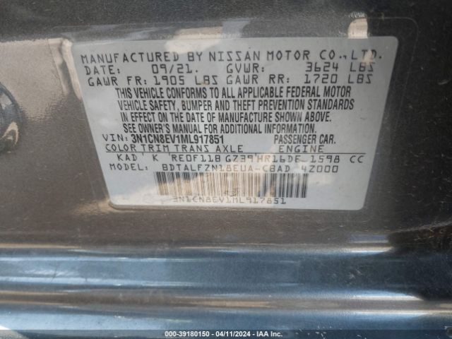 3N1CN8EV1ML917851 Nissan Versa Sv Xtronic Cvt