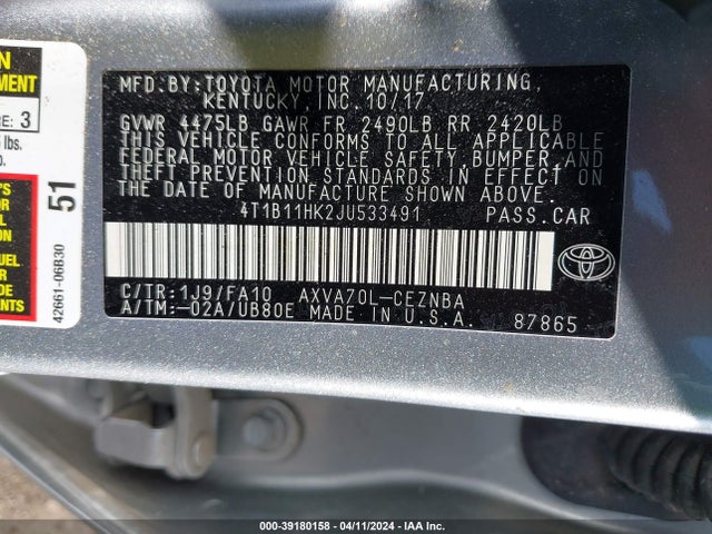 Toyota CAMRY LE 2018 4T1B11HK2JU533491 Image 9