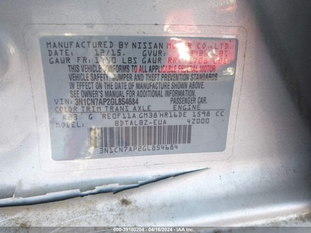 3N1CN7AP2GL854684 Nissan Versa 1.6 S/1.6 S+/1.6 Sl/1.6 Sv