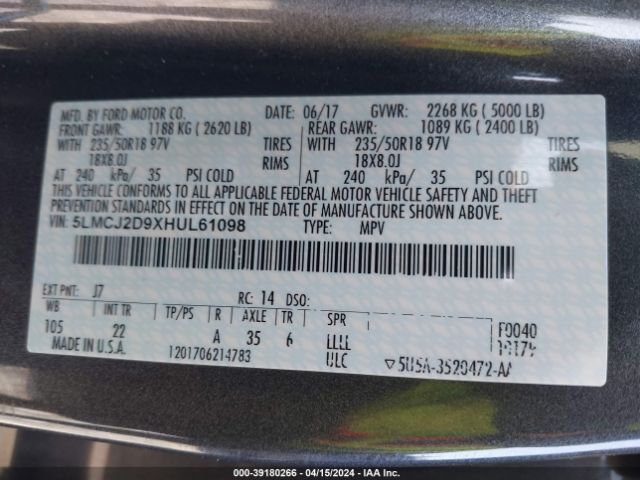 5LMCJ2D9XHUL61098 Lincoln MKC SELECT