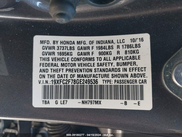 Honda CIVIC EX 2016 19XFC2F78GE249536 Image 9