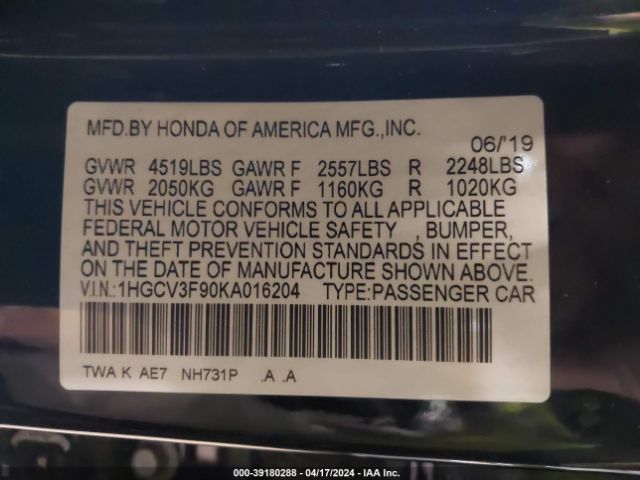 1HGCV3F90KA016204 Honda Accord Hybrid Touring