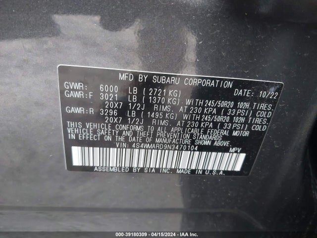 4S4WMARD9N3470104 Subaru Ascent Touring