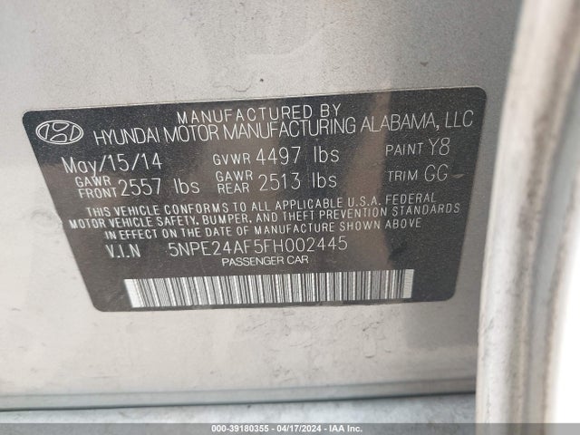 Hyundai SONATA SE 2015 5NPE24AF5FH002445 Image 9
