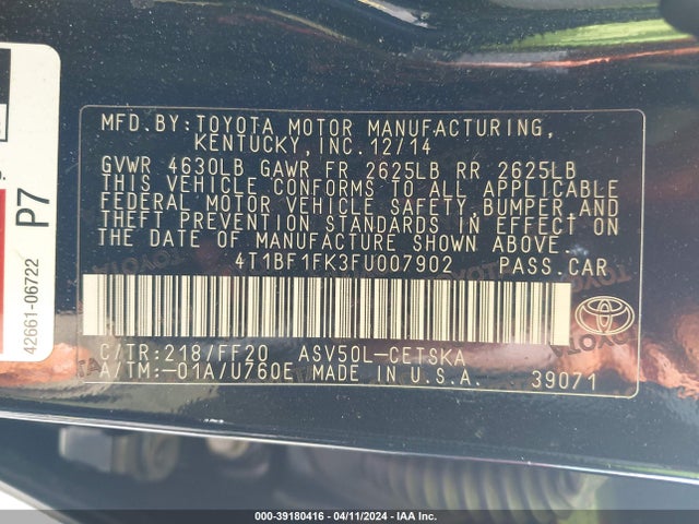 Toyota CAMRY SE 2015 4T1BF1FK3FU007902 Image 9