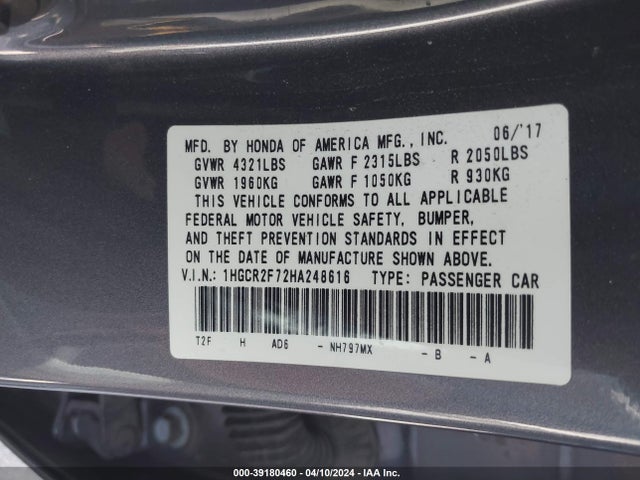 Honda ACCORD EX 2017 1HGCR2F72HA248616 Image 9