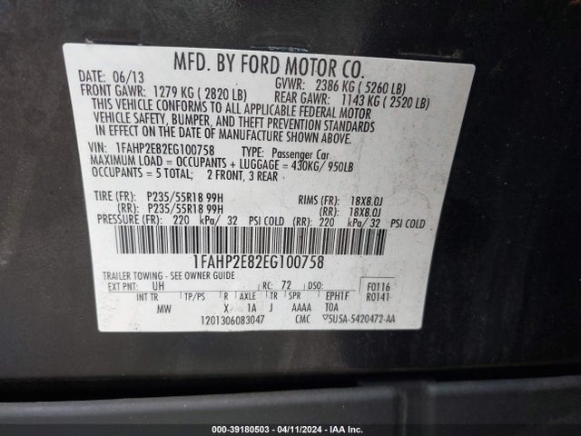 Ford TAURUS SEL 2014 1FAHP2E82EG100758 Image 9