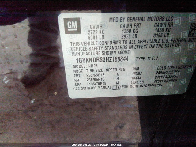 1GYKNDRS3HZ188844 Cadillac XT5 LUXURY