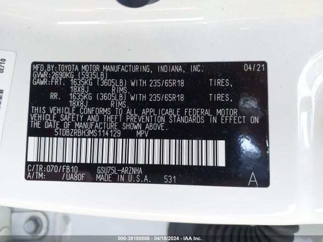 Toyota Highlander Le 2021 5TDBZRBH3MS114129 Image 9