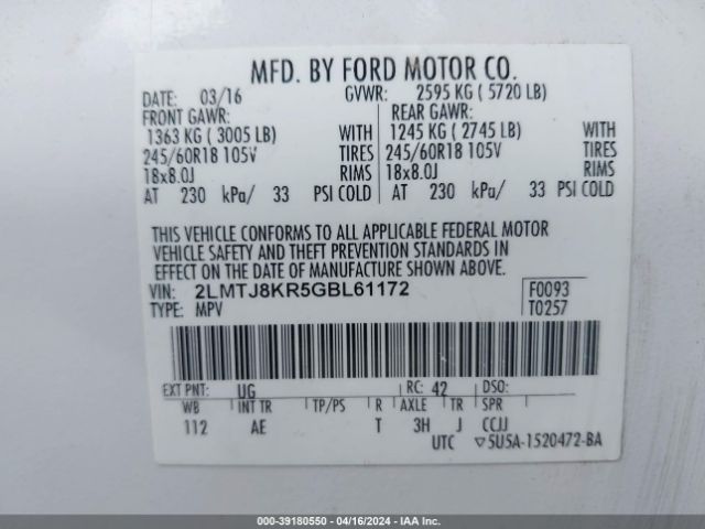2LMTJ8KR5GBL61172 Lincoln Mkx Select