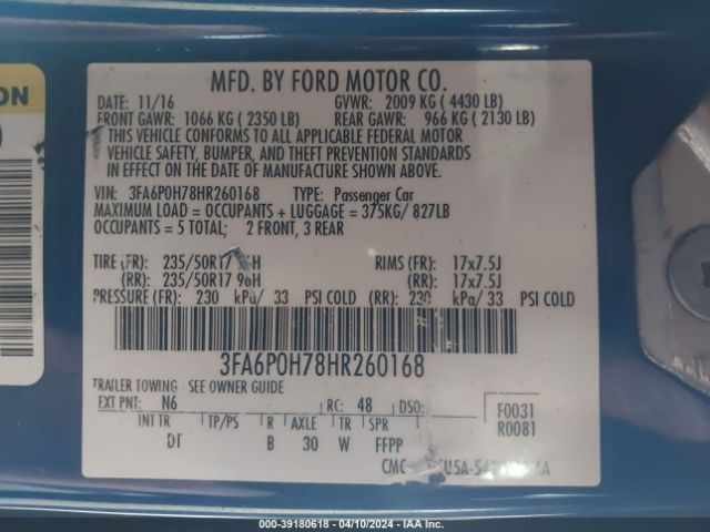 3FA6P0H78HR260168 Ford FUSION SE