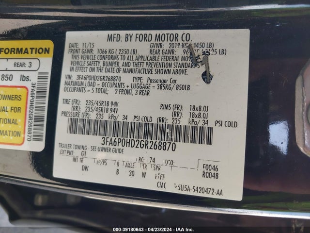 Ford FUSION SE 2016 3FA6P0HD2GR268870 Image 9