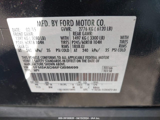 Ford EXPLORER XLT 2015 1FM5K8D86FGB86699 Image 9