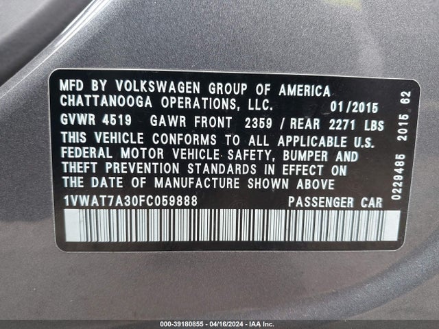 Volkswagen Passat 1.8t Wolfsburg Edition 2015 1VWAT7A30FC059888 Image 9