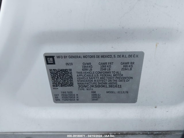 Chevrolet TRAX LS 2019 3GNCJKSB0KL381611 Image 9