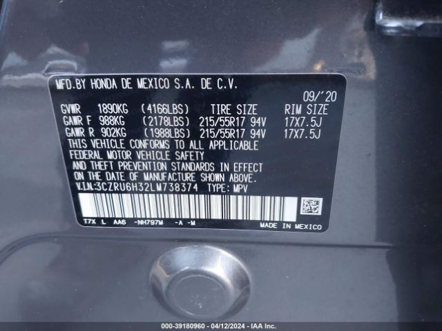 3CZRU6H32LM738374 Honda Hr-v Awd Lx