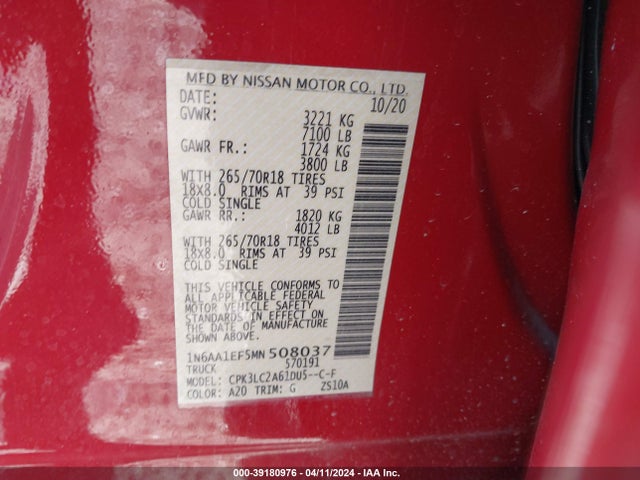 Nissan Titan Sv 4x2 2021 1N6AA1EF5MN508037 Image 9