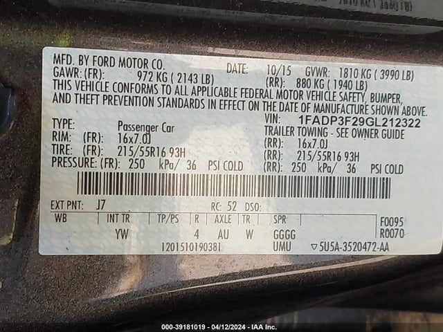 Ford FOCUS SE 2016 1FADP3F29GL212322 Image 9