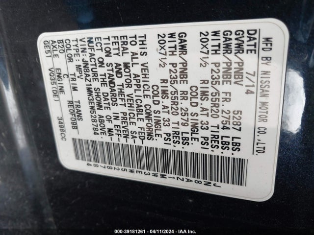Nissan Murano Le 2014 JN8AZ1MW3EW528784 Image 9