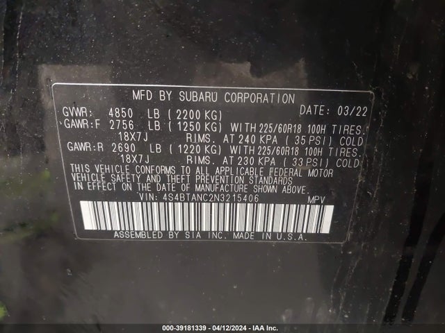 Subaru Outback Limited 2022 4S4BTANC2N3215406 Image 9
