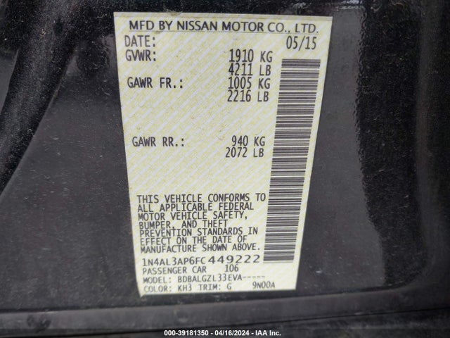 Aukcja sprzedaży 2015 Nissan Altima 2.5/2.5 S/2.5 Sl/2.5 Sv, vin: 1N4AL3AP6FC449222, numer aukcji: 39181350